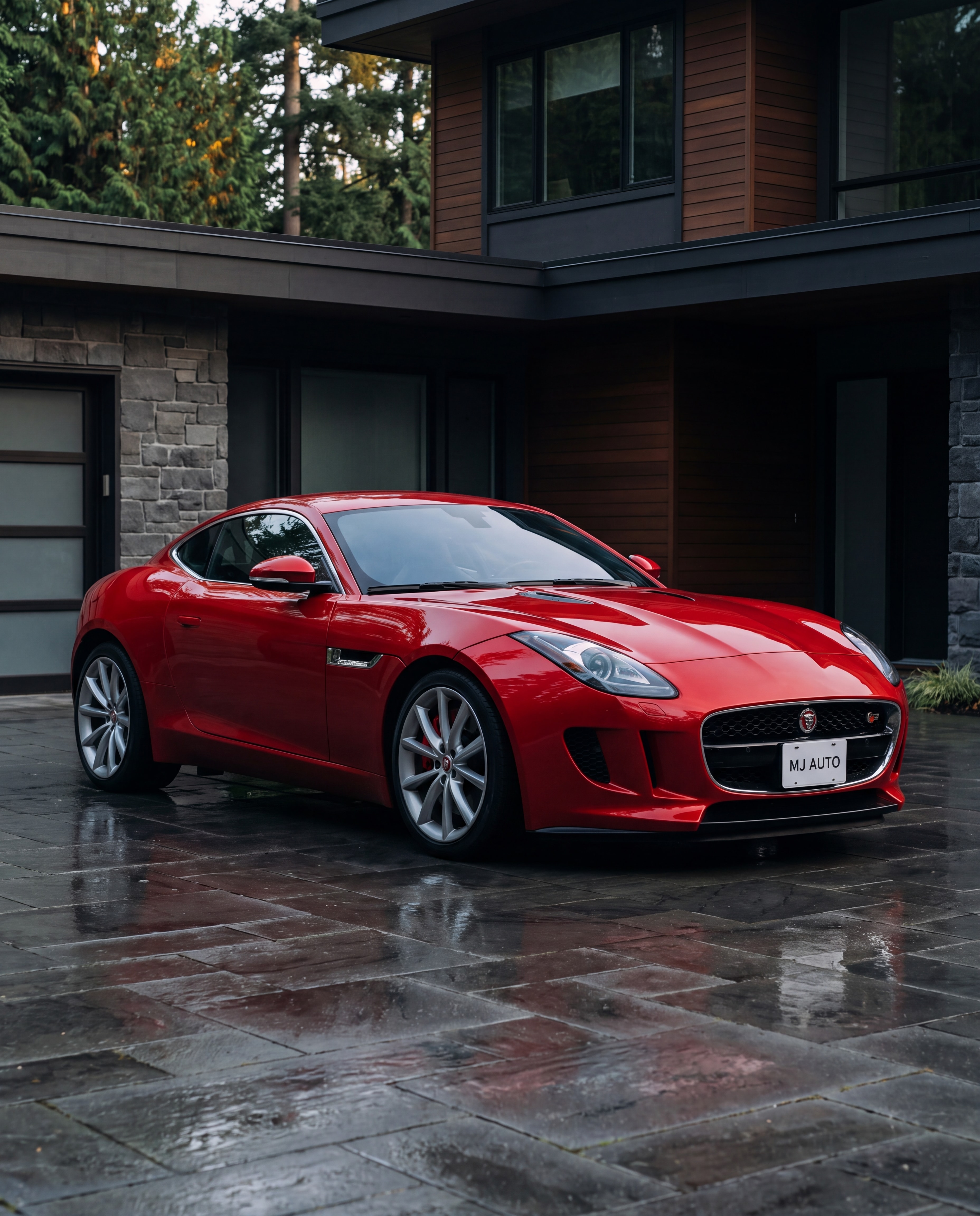AI-generated red Jaguar F-Type at a coastal residence